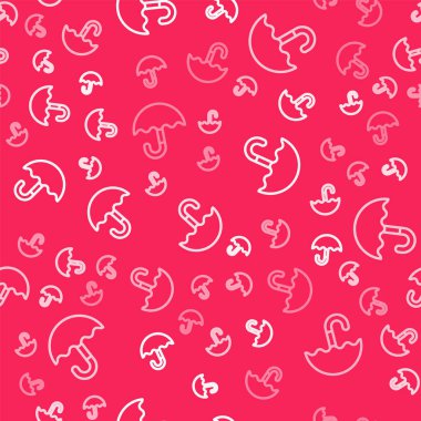 Beyaz çizgi klasik açılır şemsiye simgesi kırmızı arkaplanda izole edilmiş kusursuz desen. Yağmur koruma sembolü. Vektör