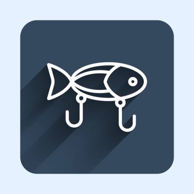 Beyaz çizgi Balıkçılık yem simgesi uzun gölge arkaplan izole. Balık oltası. Mavi kare düğme. Vektör