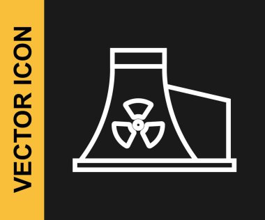 Beyaz çizgi Nükleer Santral simgesi siyah arkaplanda izole edildi. Enerji endüstrisi konsepti. Vektör