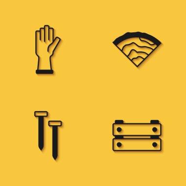 Set Protective gloves, Wooden box, Metallic nails and beam icon with long shadow. Vector