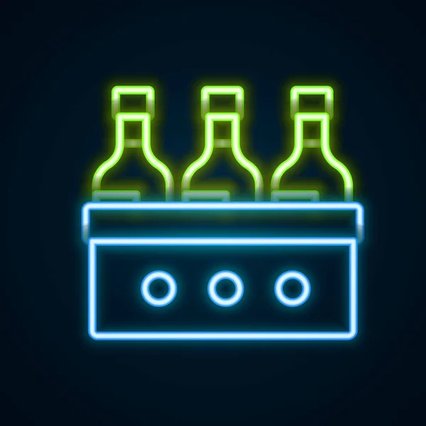 Linha de néon brilhante Garrafas de vinho em um ícone de caixa de madeira isolado em fundo preto. Garrafas de vinho em um ícone de caixa de madeira. Conceito de esboço colorido. Vetor — Vetor de Stock