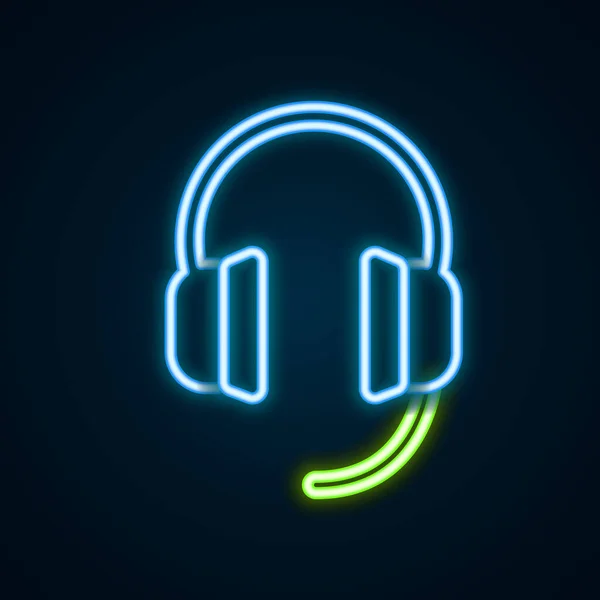 Icono de auriculares de línea de neón brillante aislado sobre fondo negro. Auriculares. Concepto para escuchar música, servicio, comunicación y operador. Concepto de esquema colorido. Vector — Vector de stock