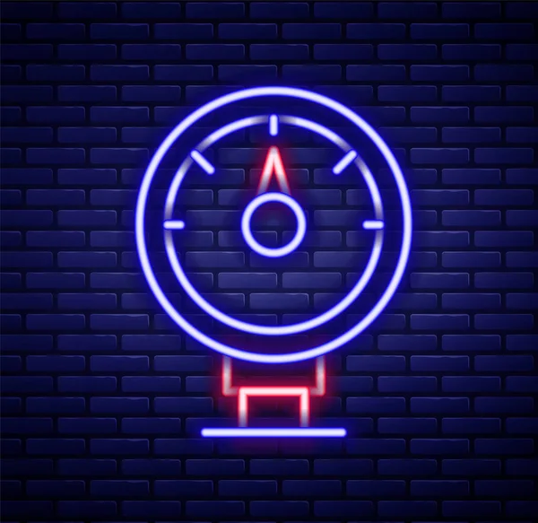 Parlayan neon hattı motor gaz göstergesi simgesi tuğla duvar arka planında izole edildi. Yakıt göstergesi boş. Tam depo göstergesi. Renkli taslak konsepti. Vektör