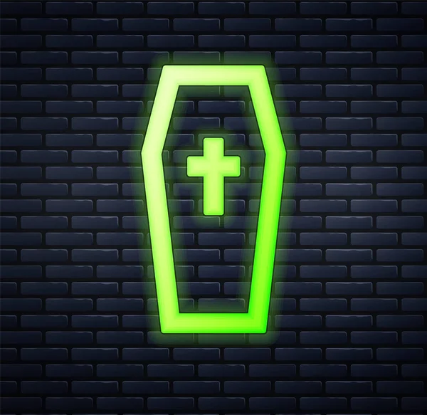 Brilhante neon Coffin com ícone de cruz cristã isolado no fundo da parede de tijolo. Feliz festa de Halloween. Vetor —  Vetores de Stock