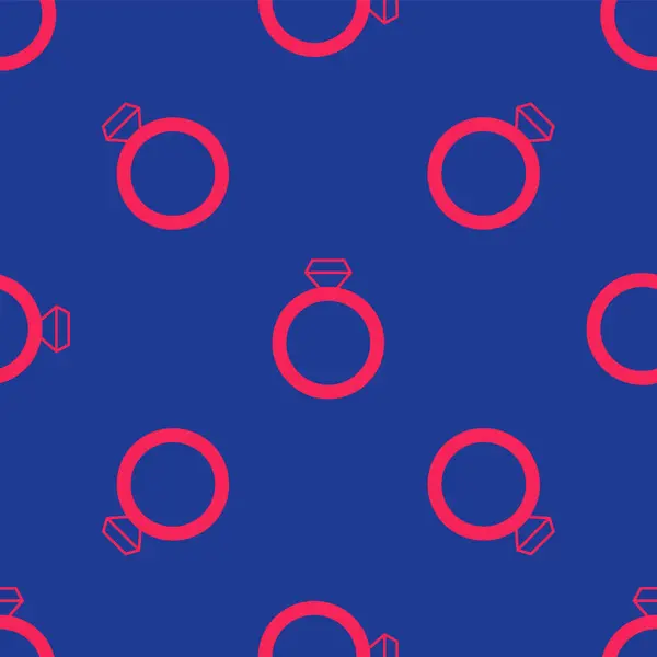 Красный бриллиант обручальное кольцо значок изолированный бесшовный узор на синем фоне. Вектор — стоковый вектор