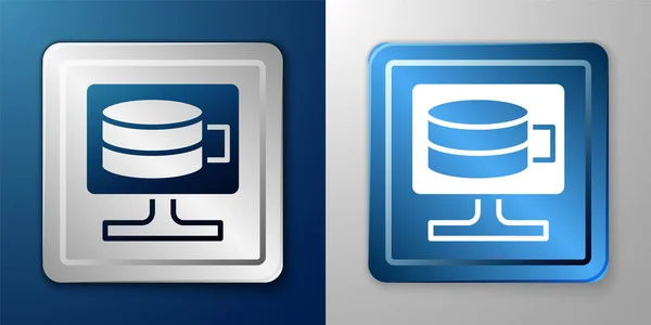 White Cloud database icon isolated on blue and grey background. Cloud computing concept. Digital service or app with data transferring. Silver and blue square button. Vector — ストックベクタ