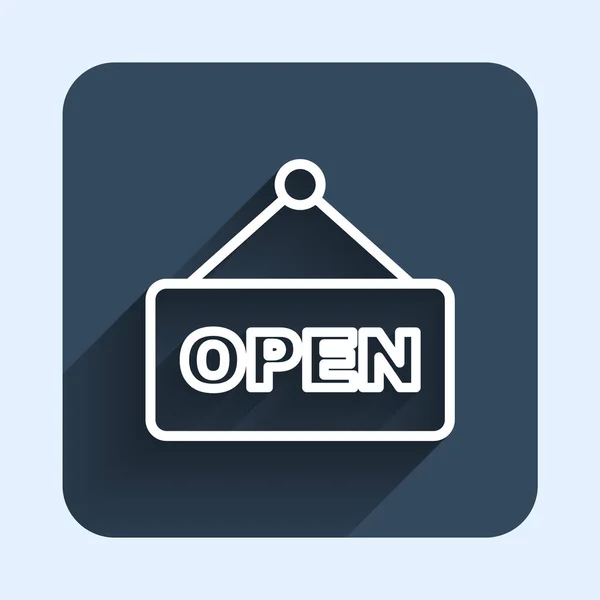 White line Hanging sign with text Open door icon isolated with long shadow background. Blue square button. Vector — Vetor de Stock