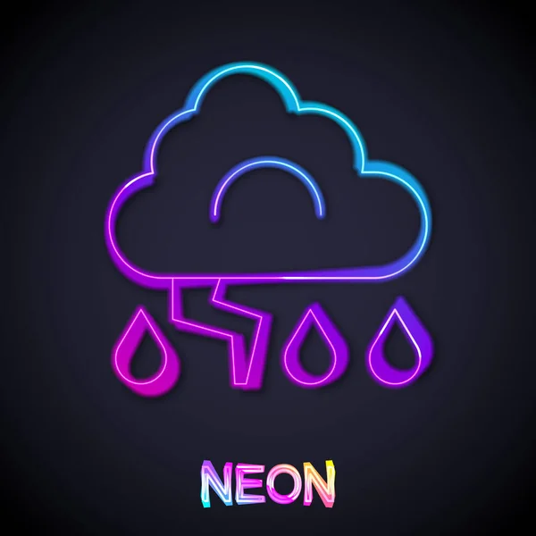 Icono de tormenta de línea de neón brillante aislado sobre fondo negro. Nube y relámpago. Icono del tiempo de tormenta. Vector — Vector de stock