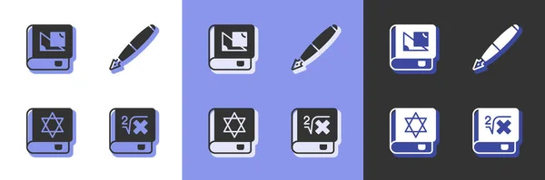 Set Book with mathematics, about geometry, Jewish torah book and Fountain pen nib icon. Vector — Stock Vector