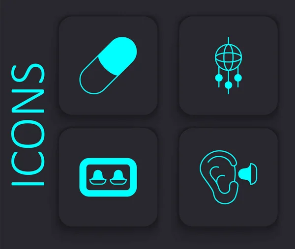 Set Earplugs and ear, Sleeping pill, Dream catcher with feathers and storage box icon. Black square button. Vector — Vector de stock