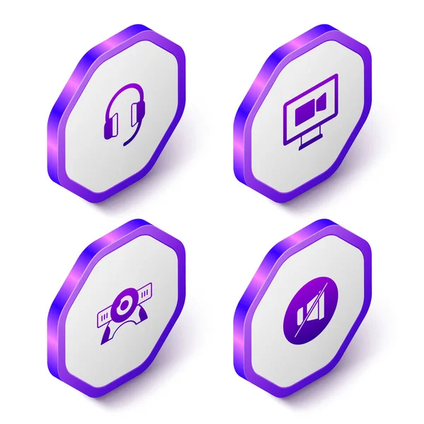 Set Isometric Headphones, Video chat conference, Web camera and Mute microphone icon. Purple hexagon button. Vector — Image vectorielle