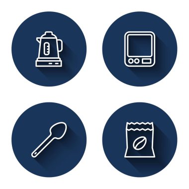 Elektrik ısıtıcısı, elektronik kahve terazisi, uzun gölgeli çay kaşığı ve poşet fasulye. Mavi daire düğmesi. Vektör