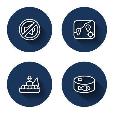 Hat hoparlörü sessiz, balıkçı teknesi ve uzun gölgeli konserve kutusu. Mavi daire düğmesi. Vektör