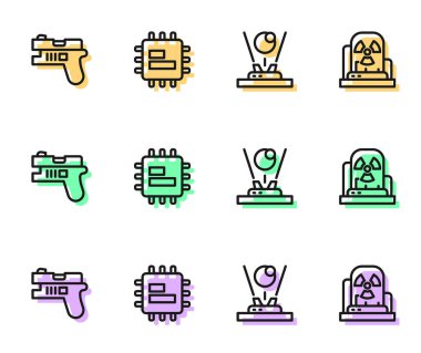 Hologram hattı, Futuristik silah, İşlemci İşlemcisi ve Radyoaktif uyarı lambası ikonu. Vektör