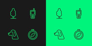 Pusula, av köpeği, ağaç ve telsiz ikonu. Vektör