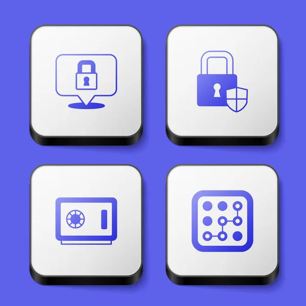 Set Lock, Shield beveiliging met slot, Veilig en grafisch wachtwoord bescherming pictogram. Witte vierkante knop. Vector — Stockvector