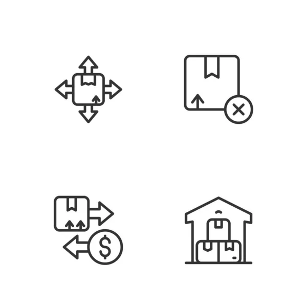 Définir la ligne entrepôt complet, boîte en carton fiscal, carton et icône. Vecteur — Image vectorielle