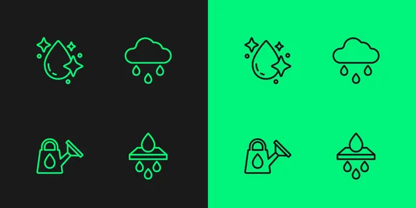 Imposta linea Cartuccia filtro acqua, annaffiatoio, goccia e Cloud con icona pioggia. Vettore — Vettoriale Stock