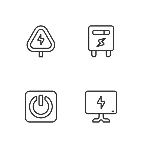 Set line Smart Tv, Power button, High voltage and Electric meter icon. Vector — Stockvektor