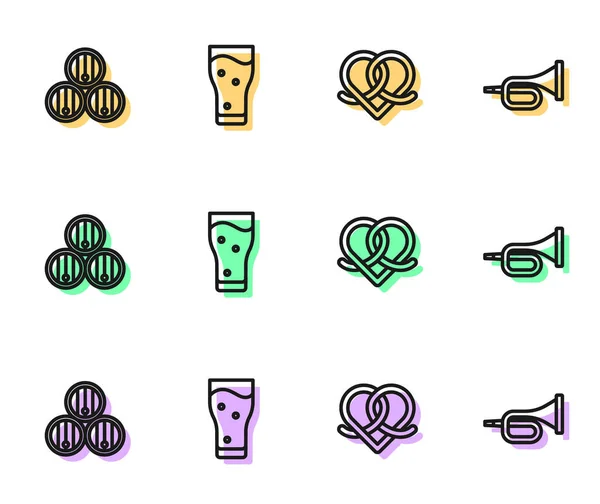 Set line Pretzel, Wooden barrel, Glass of beer and Trumpet icon. Vector — Image vectorielle