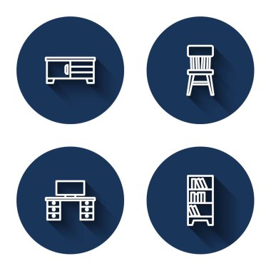 Set line TV table stand, Chair, Office desk and Library bookshelf with long shadow. Blue circle button. Vector