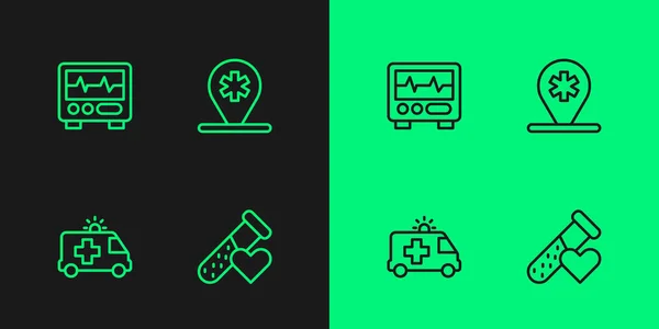 Set line Test tube with blood, Ambulance car, Monitor cardiogram and Location hospital icon. Vector — Vector de stock
