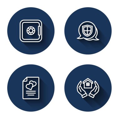 Safe, Shield, evlilik sözleşmesi ve uzun gölgeli House. Mavi daire düğmesi. Vektör