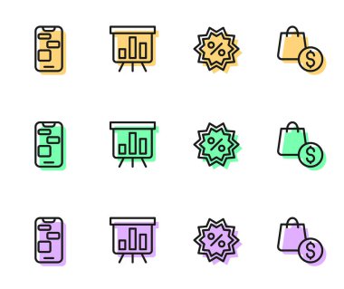 İndirim yüzde etiketi, mobil 24 saat desteği, grafik grafiği, alışveriş çantası ve dolar ikonu olan bir pano ayarla. Vektör