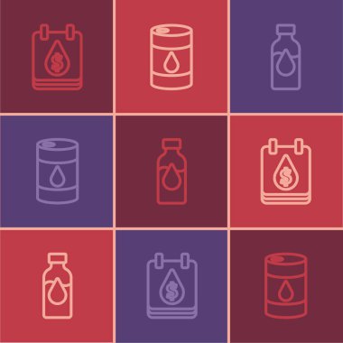 Set line Oil drop with dollar symbol, petrol test tube and Barrel oil icon. Vector