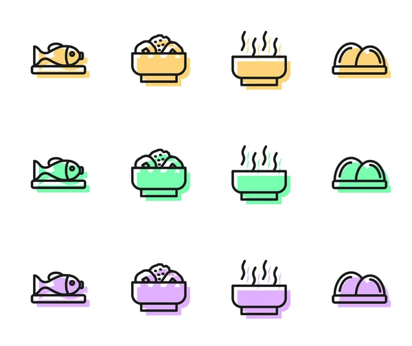 Set line Bol à soupe Ramen, Poisson servi dans une assiette, Chow mein et icône Sushi. Vecteur — Image vectorielle
