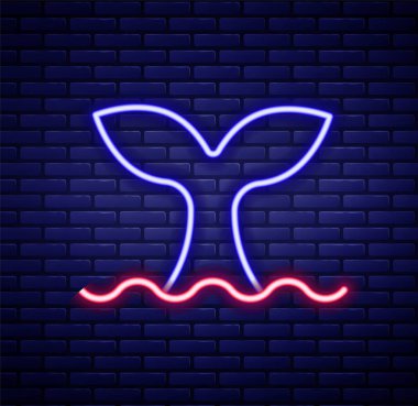 Okyanus dalgası ikonunda parlayan neon hattı Balina kuyruğu tuğla duvar arka planında izole edildi. Renkli taslak konsepti. Vektör