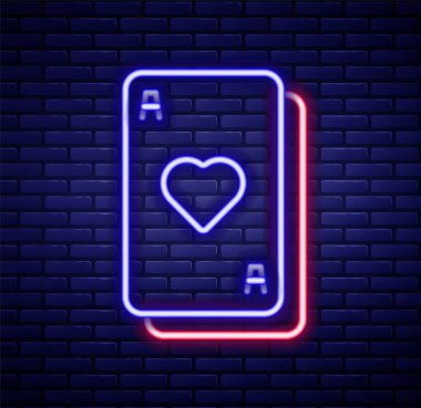 Parlayan neon hattı tuğla duvar arka planında izole edilmiş kart simgesi çalıyor. Kumarhane kumarı. Renkli taslak konsepti. Vektör