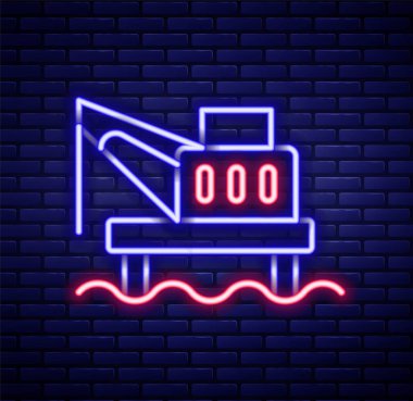 Deniz ikonundaki parlayan neon hattı petrol platformu tuğla duvar arka planında izole edilmiş. Denizde sondaj kulesi. Petrol platformu, doğalgaz, deniz aşırı sanayi. Renkli taslak konsepti. Vektör