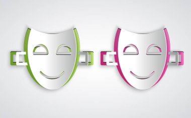 Kağıt kesiği Komedi Maskesi simgesi gri arka planda izole edilmiş. Kağıt sanatı tarzı. Vektör