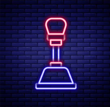 Parlayan neon çizgisi şekil değiştiren simgesi tuğla duvar arka planında izole edildi. Elle iletim simgesi. Renkli taslak konsepti. Vektör