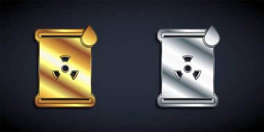 Varil simgesindeki altın ve gümüş radyoaktif atık siyah arka planda izole edildi. Zehirli atık fıçısı. Radyoaktif atık emisyonları, çevre kirliliği. Uzun gölge tarzı. Vektör