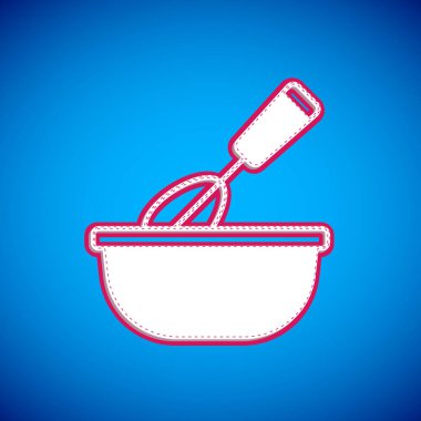 Mavi arka planda izole edilmiş kase simgesi olan beyaz çırpma fırçası. Mutfak aletleri, yumurta çırpıcı. Çatal bıçak seti. Yemek karışımı sembolü. Vektör