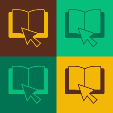 Pop art Online book icon isolated on color background. Internet education concept, e-learning resources, distant online courses. Vector