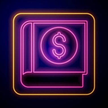 Parlayan neon finans kitabı simgesi siyah arkaplanda izole edildi. Vektör