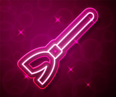 Glowing neon line Handle broom icon isolated on red background. Cleaning service concept. Vector