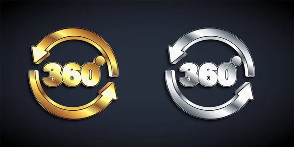 Gold and silver 360 degree view icon isolated on black background. Virtual reality. Angle 360 degree camera. Panorama photo. Long shadow style. Vector — Stock Vector