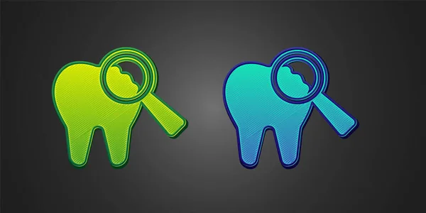Green and blue Broken tooth icon isolated on black background. Dental problem icon. Dental care symbol. Vector — Stock Vector