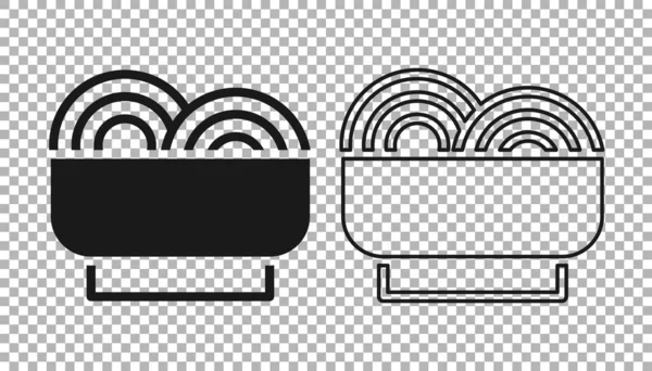 Fekete ázsiai tészta tál és evőpálcika ikon elszigetelt átlátszó háttérrel. Utcai gyorsétterem. Koreai, japán, kínai kaja. Vektor — Stock Vector