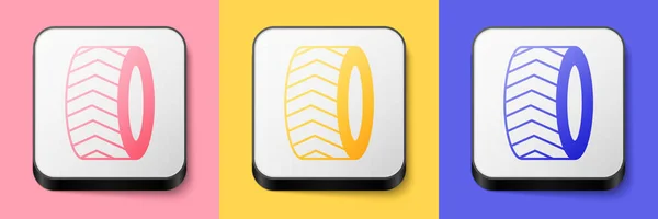 Isometric Car tire wheel icon isolated on pink, yellow and blue background. Square button. Vector — Stockový vektor