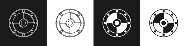 Set Round Shield Symbol isoliert auf schwarzem und weißem Hintergrund. Sicherheit, Sicherheit, Schutz, Privatsphäre, Wachkonzept. Vektor — Stockvektor