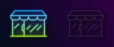 Parlayan neon hattı alışveriş binası ya da market simgesi siyah arka planda izole edildi. Dükkan inşaatı. Vektör