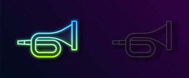 Parlayan neon hattı. Siyah zemin üzerinde izole edilmiş trompet ikonu. Vektör