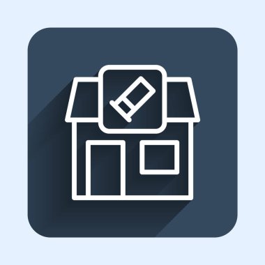 Tüfek ve silah ikonuna sahip beyaz çizgili av atölyesi. Uzun gölgeli bir geçmişi var. Silah teçhizatlı süpermarket ya da mağaza. Mavi kare düğme. Vektör