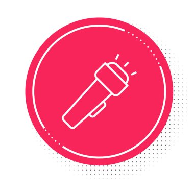 Beyaz çizgi el feneri simgesi beyaz arkaplanda izole edildi. Kırmızı daire düğmesi. Vektör