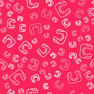 Beyaz çizgi seyahat eden boyun yastığı ikonu kırmızı arka planda izole edilmiş kusursuz desen. Yastık U şeklinde. Vektör